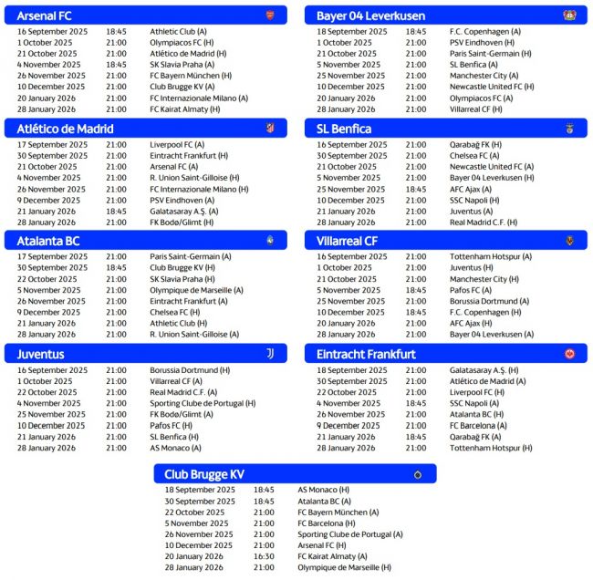 UEFAチャンピオンズリーグ2025/26カレンダー:リーグ戦の全試合の日時