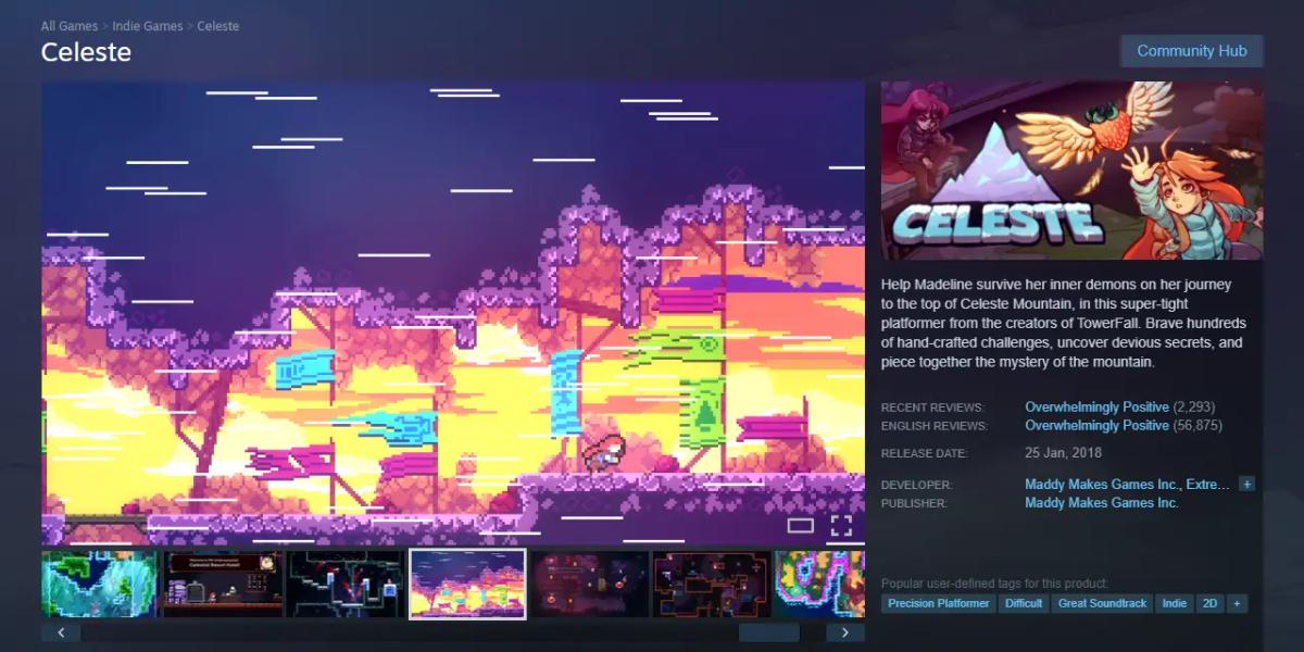ゲーム「Celeste」のSteamストアページのスクリーンショット。ゲームプレイ画面や製品の詳細が表示されている。